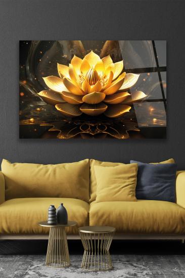 Altın Lotus Çiçeği Dekoratif Yatay Cam Tablo 