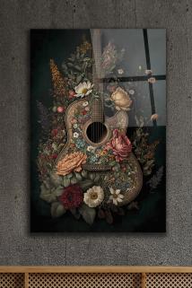 Gitar ve Çiçekler Cam Tablo